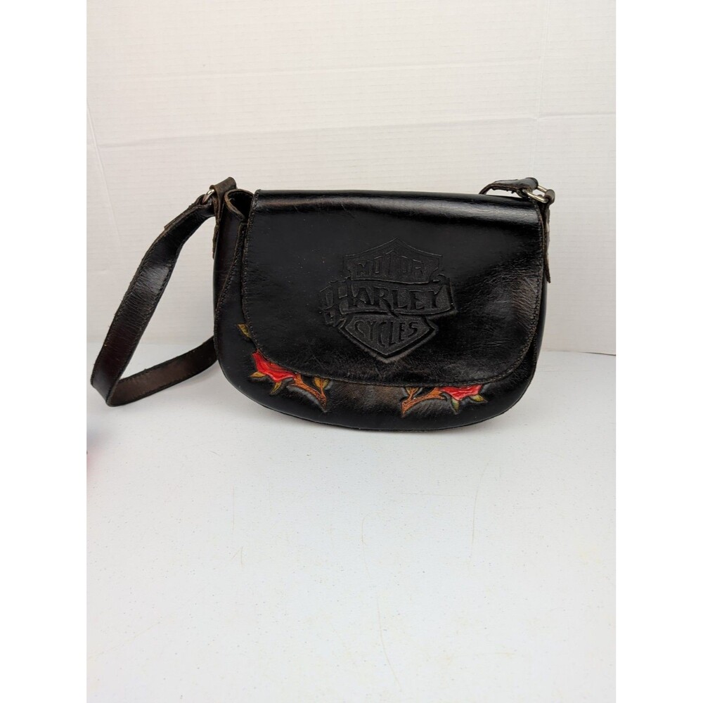 VTG Harley Davidson Hand Tooled Leather Rose Purse Saddle Bag Biker Retro 90s